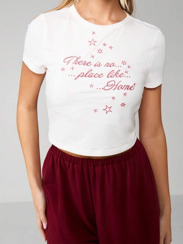 Missguided MISSGUIDED Christmas Embroidered Star Pajama Set With Wide Leg Pants