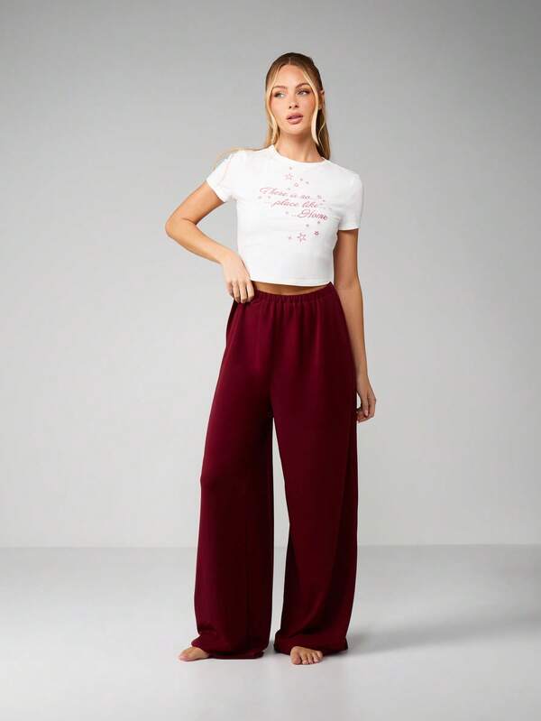 missguided MISSGUIDED Christmas Embroidered Star Pajama Set With Wide Leg Pants