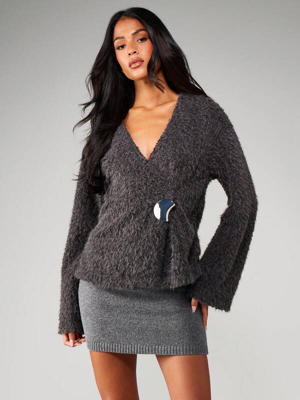 Missguided MISSGUIDED Christmas Fuzzy Wrap Cardigan With Pin