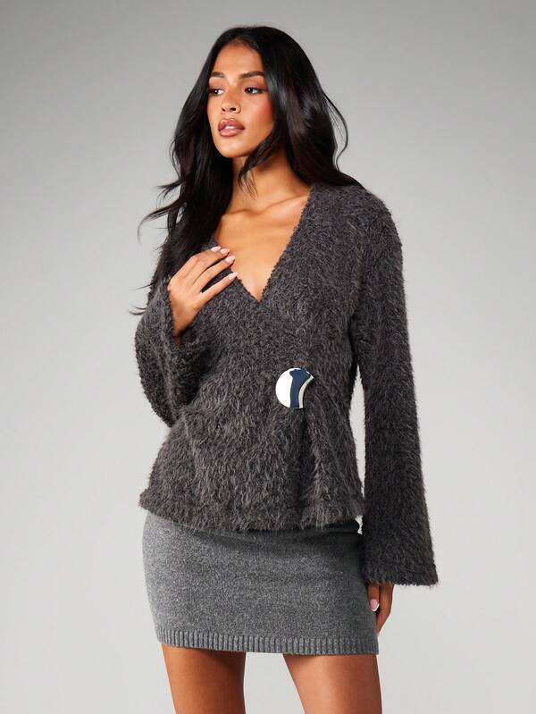 missguided MISSGUIDED Christmas Fuzzy Wrap Cardigan With Pin