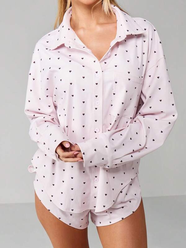 Missguided MISSGUIDED Christmas Heart Print Button Shirt And Shorts Set