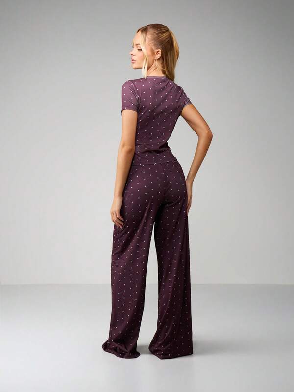 Missguided MISSGUIDED Christmas Heart Print Ribbed Lounge Set With Wide Leg Pants