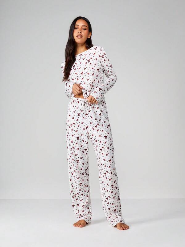 missguided MISSGUIDED Christmas Mushroom Print Loungewear Pajama Set