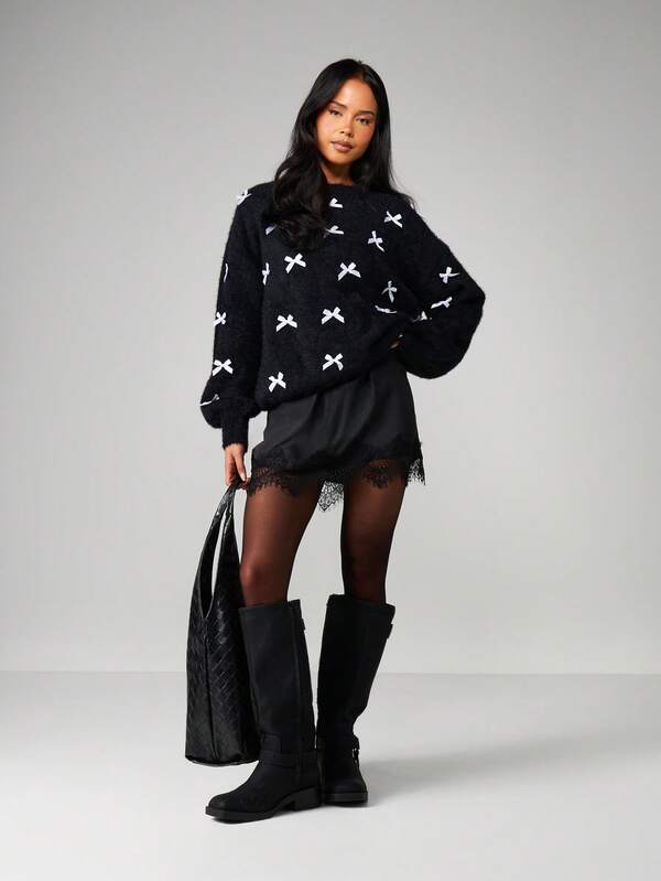 Missguided MISSGUIDED Christmas Oversized Fuzzy Knit Sweater With Bow Pattern
