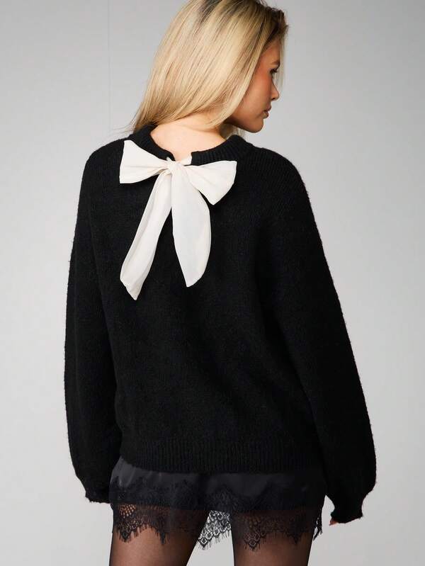 missguided MISSGUIDED Christmas Oversized Knit Sweater With Chiffon Bow