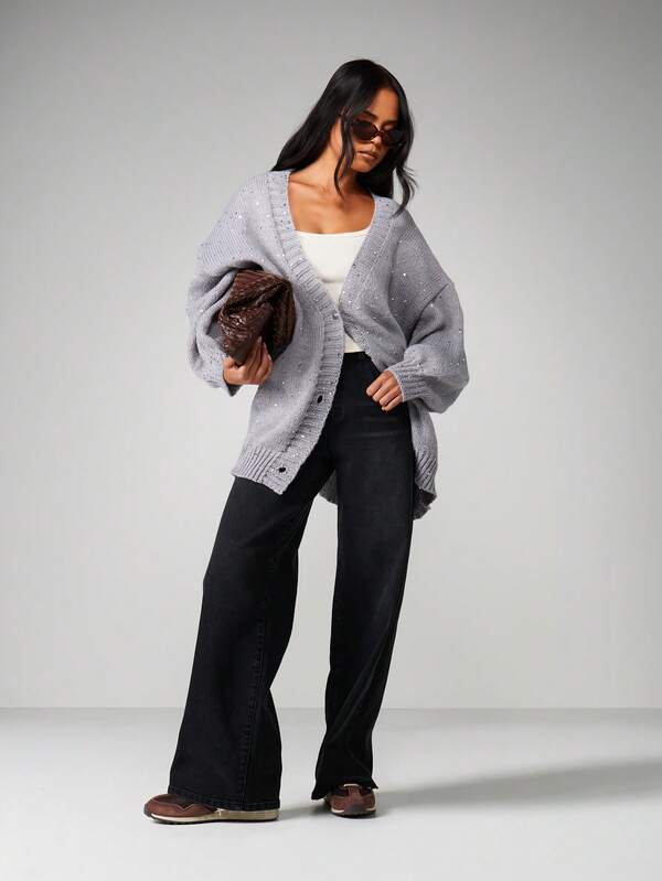 Missguided MISSGUIDED Christmas Plunge Neck Oversized Cardigan With Sequin Details