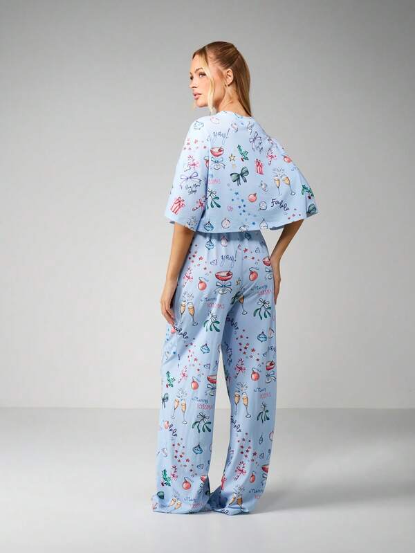 Missguided MISSGUIDED Christmas Print Crop Top With Wide Leg Pants