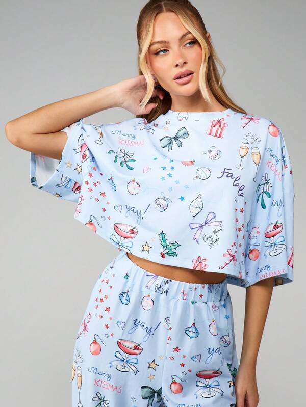 Missguided MISSGUIDED Christmas Print Crop Top With Wide Leg Pants