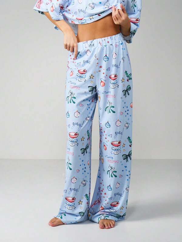 Missguided MISSGUIDED Christmas Print Crop Top With Wide Leg Pants