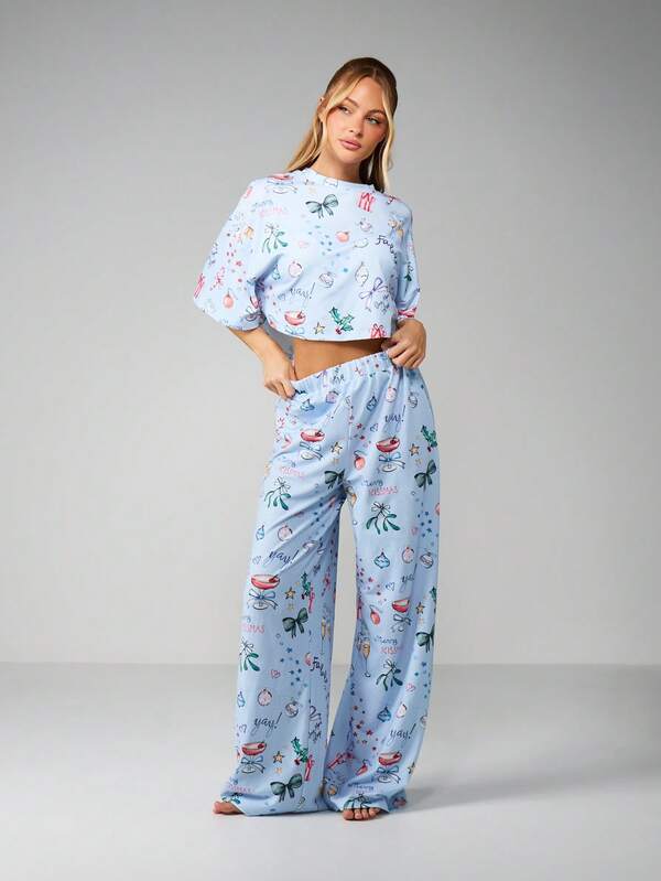 missguided MISSGUIDED Christmas Print Crop Top With Wide Leg Pants