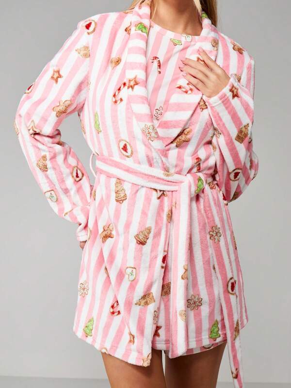 missguided MISSGUIDED Christmas Print Hooded Fleece Dressing Gown