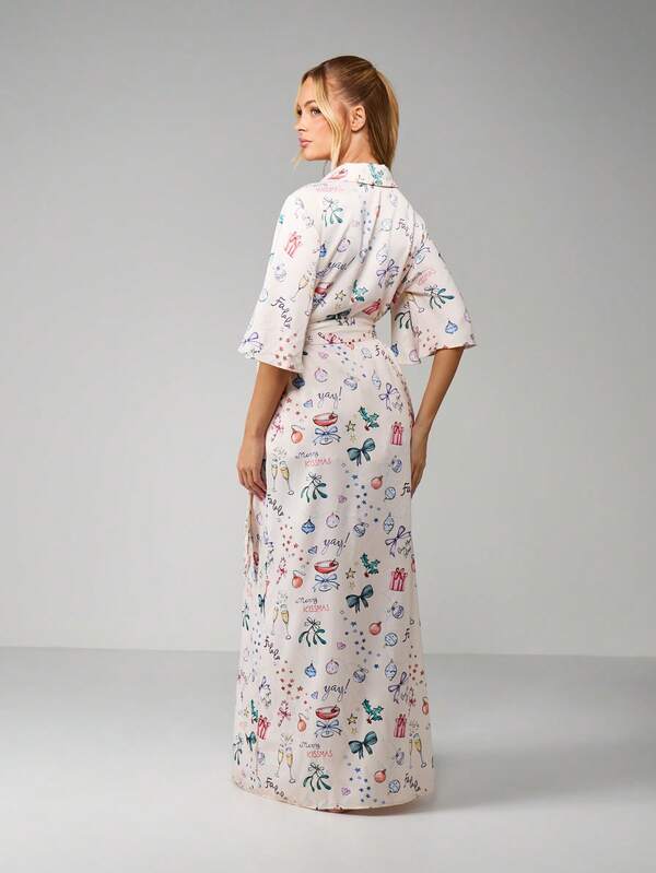Missguided MISSGUIDED Christmas Print Kimono Style Robe With Tie Belt