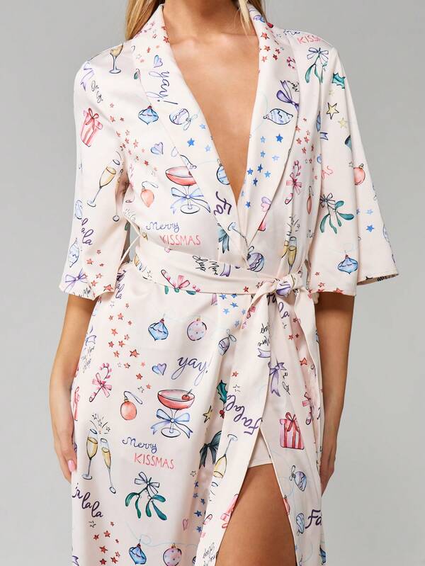 Missguided MISSGUIDED Christmas Print Kimono Style Robe With Tie Belt