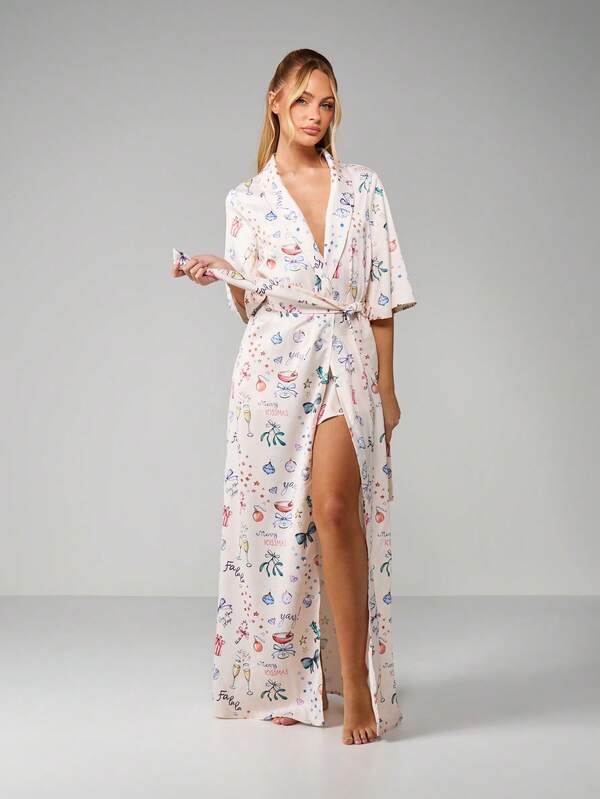missguided MISSGUIDED Christmas Print Kimono Style Robe With Tie Belt