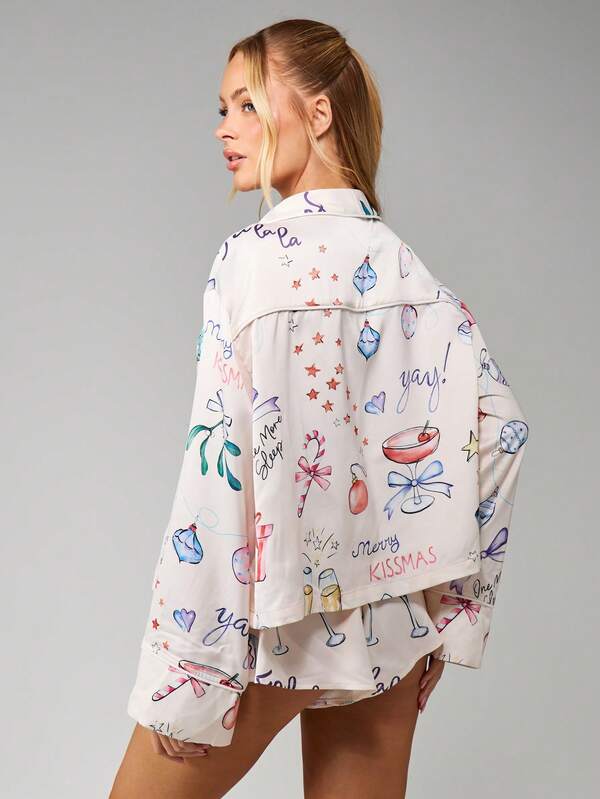 Missguided MISSGUIDED Christmas Print Pajama Set With Bows