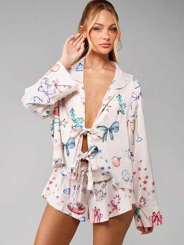 Missguided MISSGUIDED Christmas Print Pajama Set With Bows