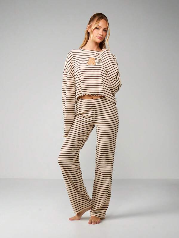missguided MISSGUIDED Christmas Ribbed Stripe Lounge Set With Teddy Bear Embroidery