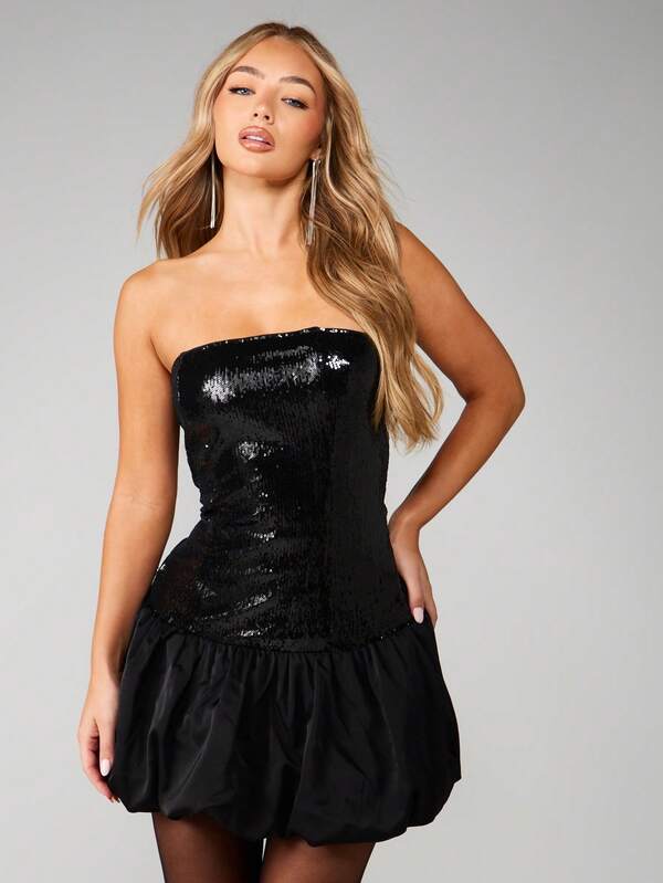 missguided MISSGUIDED Christmas Sequin Bandeau Mini Dress With Bubble Hem