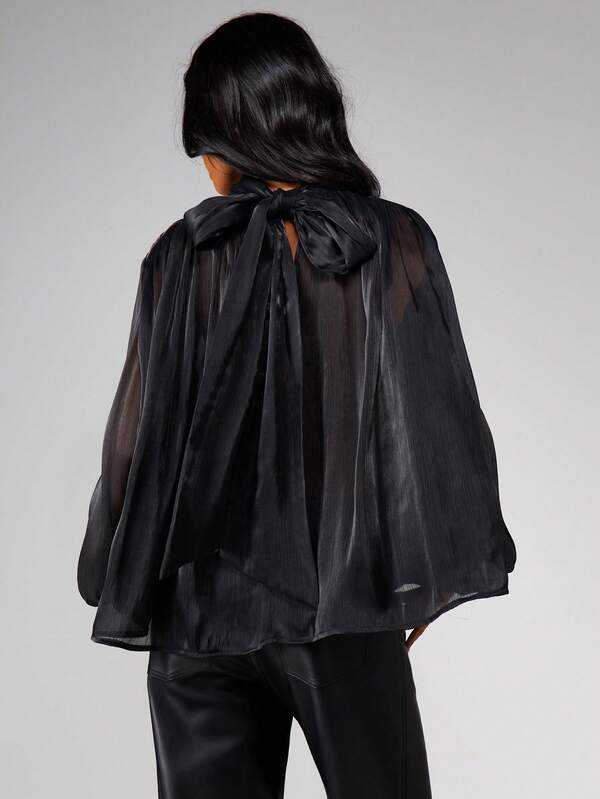 Missguided MISSGUIDED Christmas Sheer High Neck Blouse With Tie Detail