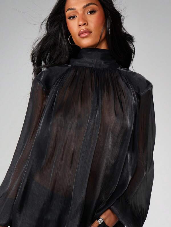 Missguided MISSGUIDED Christmas Sheer High Neck Blouse With Tie Detail