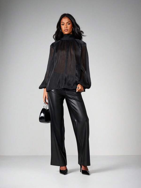 Missguided MISSGUIDED Christmas Sheer High Neck Blouse With Tie Detail
