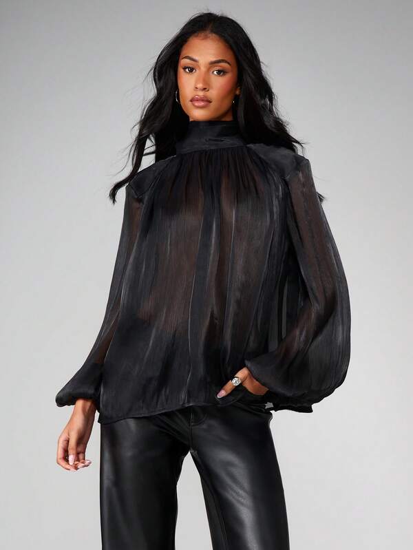 missguided MISSGUIDED Christmas Sheer High Neck Blouse With Tie Detail