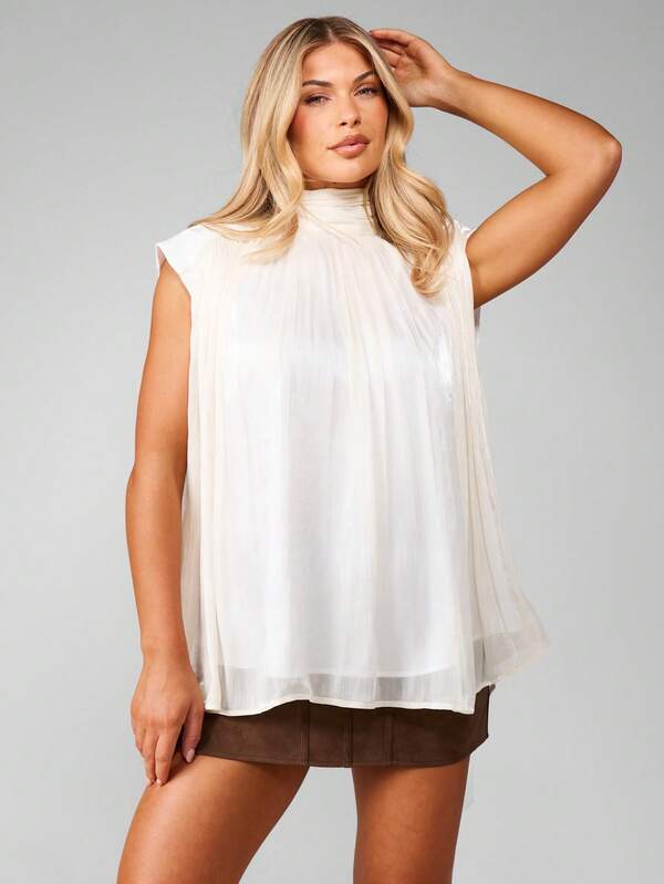 missguided MISSGUIDED Christmas Sleeveless High Neck Pleated Chiffon Blouse