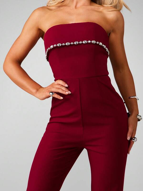 Missguided MISSGUIDED Christmas Strapless Bandeau Jumpsuit With Crystal Belt