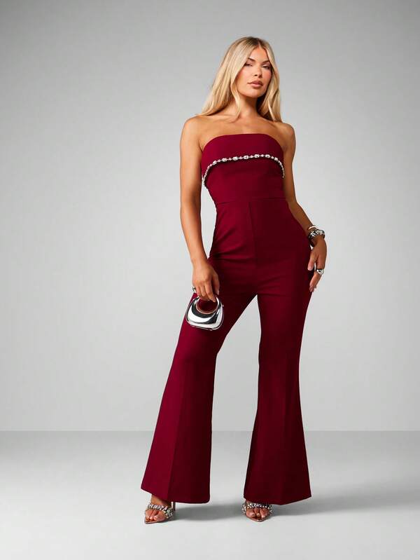 Missguided MISSGUIDED Christmas Strapless Bandeau Jumpsuit With Crystal Belt