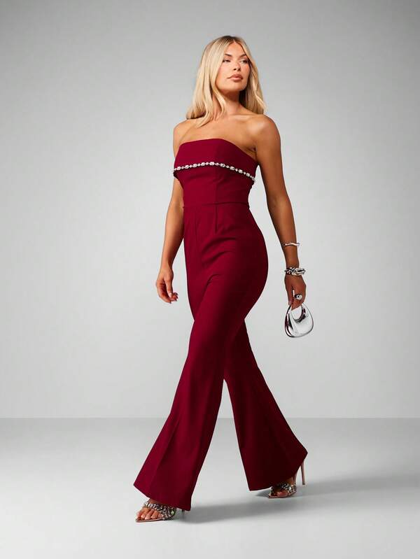 missguided MISSGUIDED Christmas Strapless Bandeau Jumpsuit With Crystal Belt
