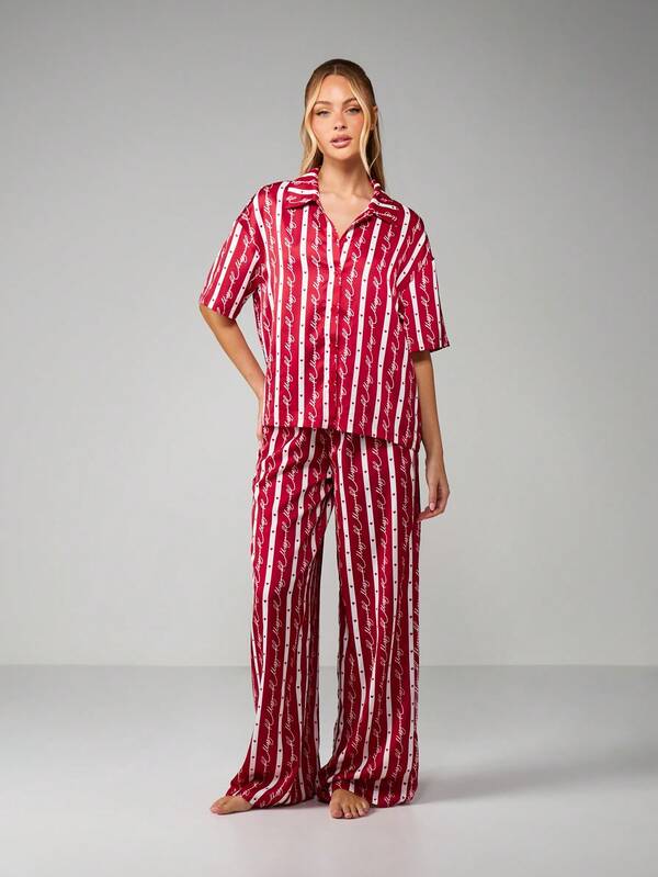 missguided MISSGUIDED Christmas Striped Button Front Pajama Set