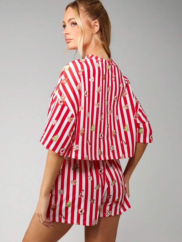Missguided MISSGUIDED Christmas Striped Crop Top With Gingerbread Shorts Set