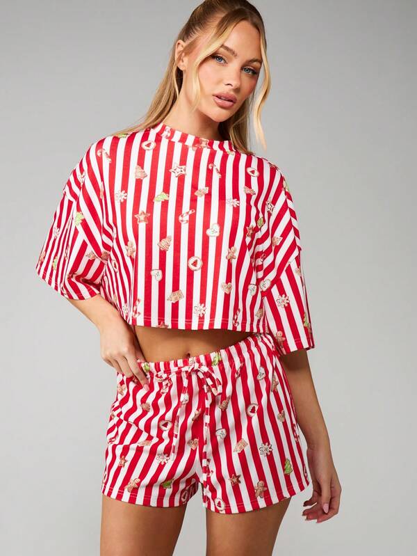 missguided MISSGUIDED Christmas Striped Crop Top With Gingerbread Shorts Set