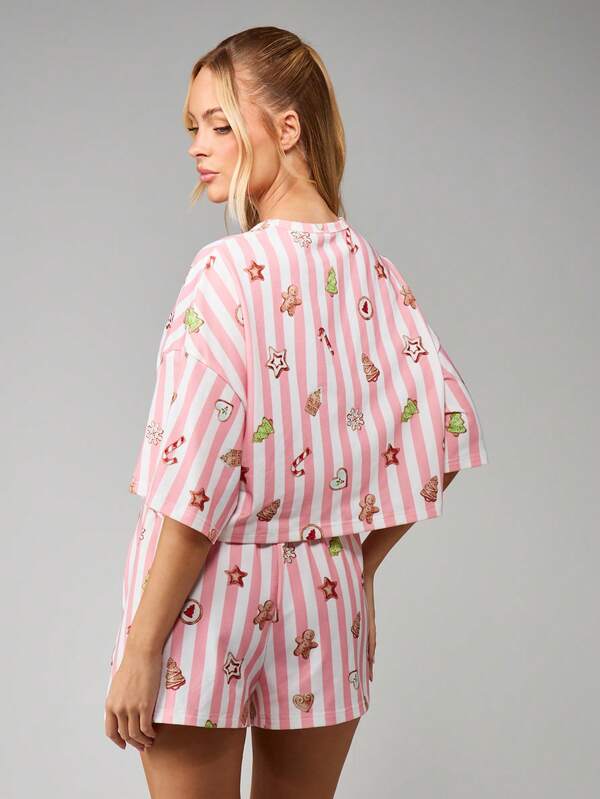Missguided MISSGUIDED Christmas Striped Pajama Set With Holiday Icons