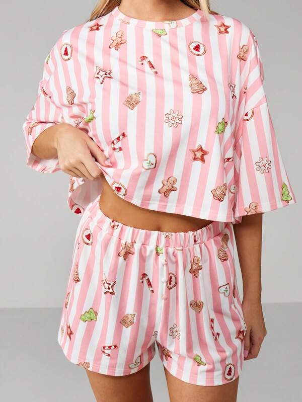 missguided MISSGUIDED Christmas Striped Pajama Set With Holiday Icons
