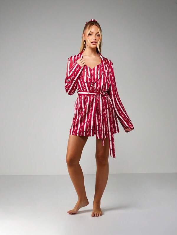 Missguided MISSGUIDED Christmas Striped Robe With Belt Tie