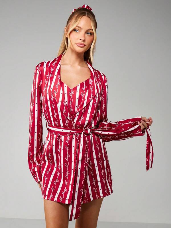 missguided MISSGUIDED Christmas Striped Robe With Belt Tie