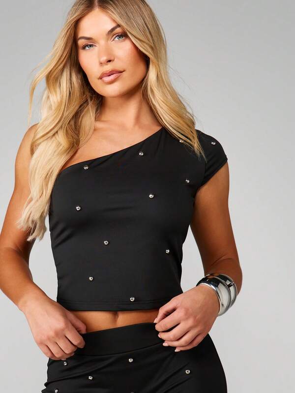 Missguided MISSGUIDED Christmas Studded One Shoulder Top With Capri Legging Set