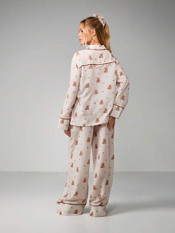 Missguided MISSGUIDED Christmas Teddy Bear Print Pajama Set With Button Front