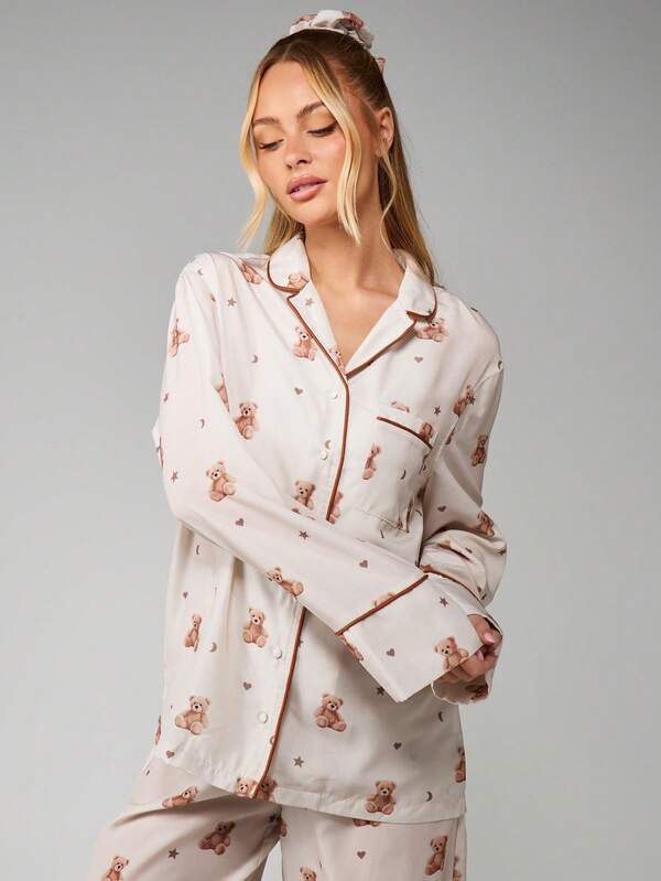 Missguided MISSGUIDED Christmas Teddy Bear Print Pajama Set With Button Front