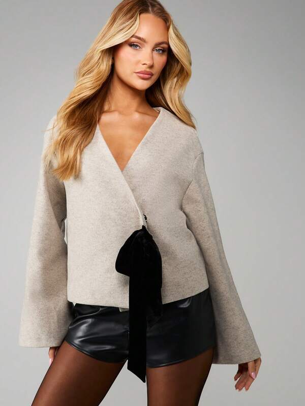 missguided MISSGUIDED Christmas Wrap Cardigan With Bow Tie Closure