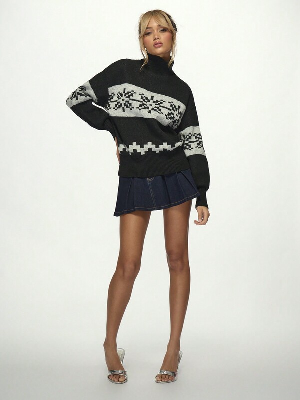Missguided MISSGUIDED Chunky Cozy Knit Nordic Fair Isle Turtleneck Sweater