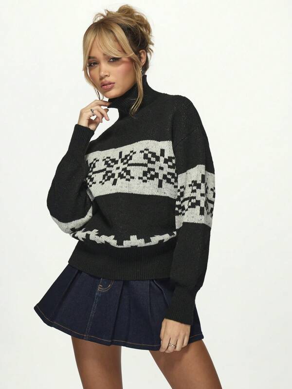 missguided MISSGUIDED Chunky Cozy Knit Nordic Fair Isle Turtleneck Sweater