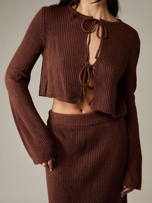 Missguided MISSGUIDED Chunky Knit Cardigan With Bell Sleeves And Tie Front