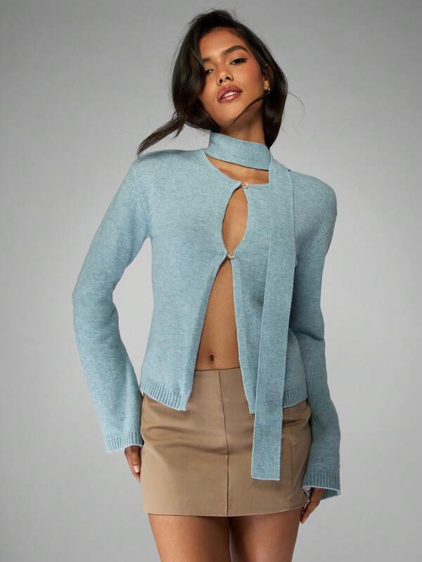 missguided MISSGUIDED Chunky Knit Cardigan With Scarf And Cutout Detail