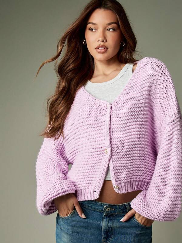 missguided MISSGUIDED Chunky Knit Cropped Cardigan With Balloon Sleeves