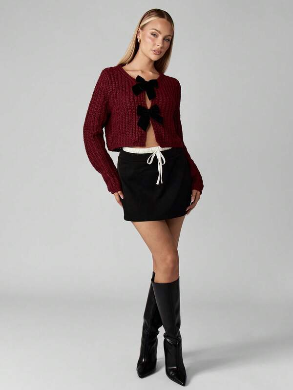 Missguided MISSGUIDED Chunky Knit Cropped Cardigan With Velvet Bow Details