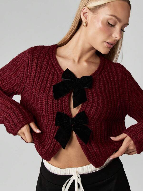 Missguided MISSGUIDED Chunky Knit Cropped Cardigan With Velvet Bow Details