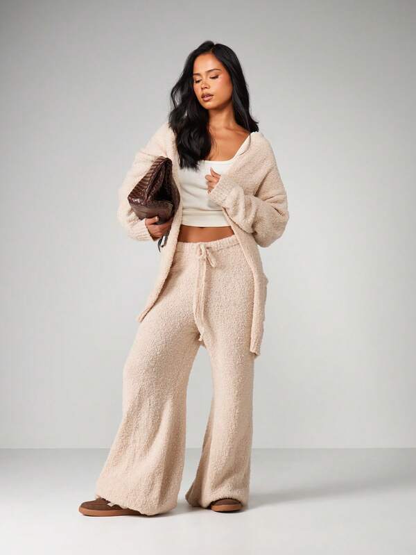 Missguided MISSGUIDED Chunky Knit Hooded Cardigan With Wide Leg Pants