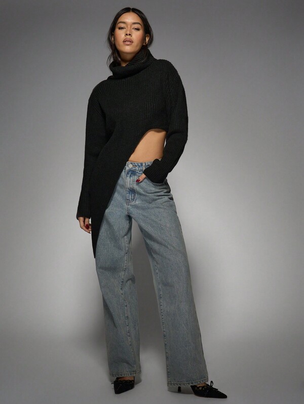 Missguided MISSGUIDED Chunky Knit Turtleneck Oversized Crop Sweater